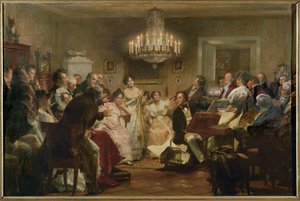 Schubert al pianoforte durante una serata schubertiana in un salotto viennese... (dipinto a olio) da Julius Schmid