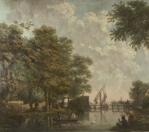 Tre dipinti murali con un paesaggio olandese