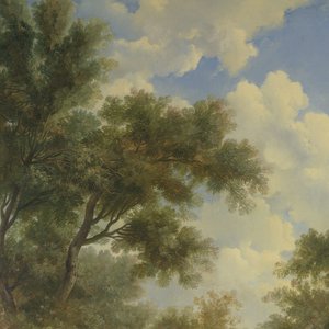 Paesaggio arcadico con tempio a sinistra e un vecchio seduto in primo piano