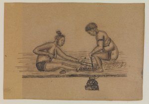 Illustrazione per una leggenda Inuit (due persone nude che fanno fuoco) da Kaarale Andreassen