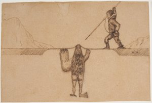 Motivo da una leggenda della Groenlandia orientale (Un cacciatore solleva il suo arpione contro una creatura marina, tupilak, metà foca metà uomo con una zampa di orso e un artiglio di uccello)