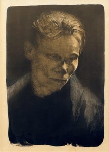 Mezzobusto di una donna lavoratrice con scialle blu da Käthe Kollwitz