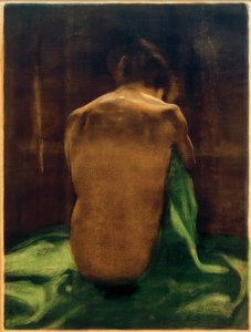 Nudo femminile di schiena su stoffa verde