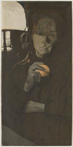 Ritratto di una donna sconosciuta con arancia vicino a una lampada da Käthe Kollwitz