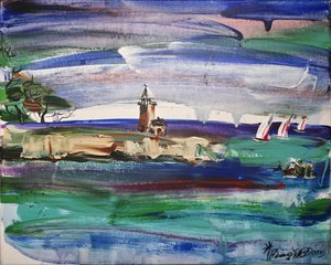 Un vivace paesaggio marino con un faro da Kanat Ibragimov