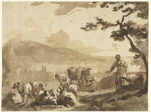 Paesaggio montano con pastori e il loro gregge di pecore e mucche da Karel Du Jardin