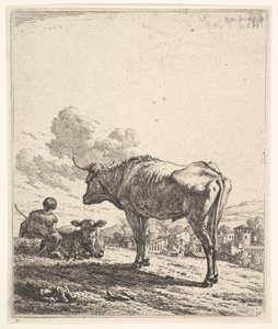 Mandriano con mucca e vitello su una collina, il mandriano visto da dietro e seduto da Karel Du Jardin
