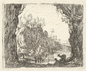 Paesaggio con alberi in primo piano a sinistra e a destra, silhouette di due capre, ca. 1641-78 da Karel Du Jardin