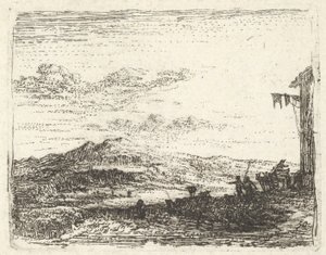 Paesaggio con angolo di edificio e tenda a destra, due figure e un cavallo da Karel Du Jardin