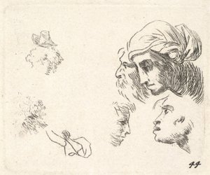 Studio di teste in vista di profilo, una donna con copricapo e un uomo barbuto le cui teste ..., ca. 1641-78 da Karel Du Jardin