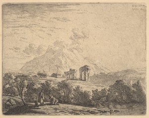 Veduta di collina con rovine, un acquedotto e una rupe montuosa oltre, in primo piano un m..., 1658 da Karel Du Jardin