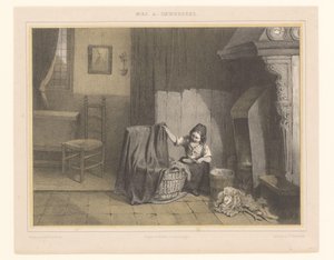 Interno con una ragazza vicino alla culla da Karel Frederik Bombled