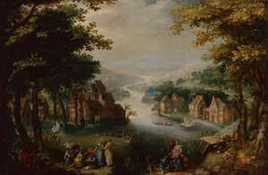 Il ritrovamento di Mosè con una coppia elegante, un servo e un cacciatore da Karel van (circle of) Mander