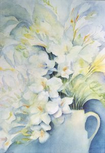 Freesia, Aurora e Ballerina in una brocca bianca da Karen Armitage