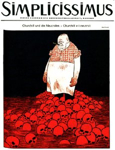 La copertina della rivista tedesca Simplicissimus (circa ) raffigura Churchill e un fiume di sangue e teschi. c.1940 (litografia)