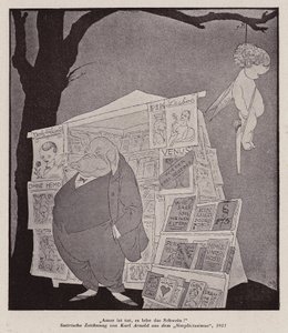 Cupido appeso a un albero sopra un chiosco di pornografia (litografia)