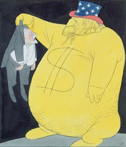 Zio Sam come sacco di dollari con Poincare (acquerello, penna e inchiostro di china su carta)