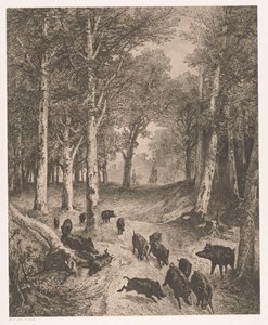 Gruppo di cinghiali in fuga da due cacciatori a cavallo da Karl Bodmer
