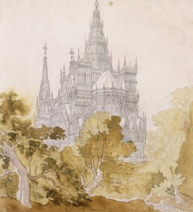 Una Cattedrale Gotica vicino a Bauman; Eine Gotische Kathedrale hinter Baumen da Karl Friedrich Schinkel