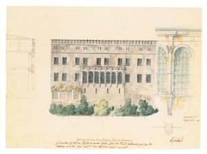 Progetto per una nuova scala per la facciata nord del Castello di Stettino, con uno studio sussidiario della loggia, una sezione trasversale della facciata e un pilastro impegnato, c.1840 da Karl Friedrich Schinkel