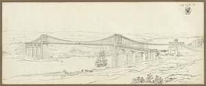 Veduta del ponte sospeso sullo stretto di Menai presso Bangor in Galles da Karl Friedrich Schinkel