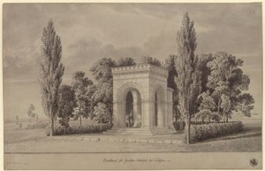 Lützen. Progetto per un monumento al re Gustavo II Adolfo di Svezia in forma di sala romanica sopra la Pietra svedese con abside aggiunta. Veduta da Karl Friedrich Schinkel