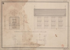 Tillendorf (Bolesławice, distretto di Liegnitz). Progetto per la chiesa protestante. Pianta, prospetto della facciata laterale e sezione trasversale da Karl Friedrich Schinkel