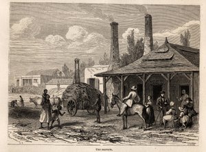 Una fabbrica di zucchero della Riviere du Rempart, a Mauritius. Disegno di Karl Girardet per illustrare il soggiorno di Alfred Verney a Mauritius nel 1861. Incisione in "Le tour du monde", a cura di Edouard Charton