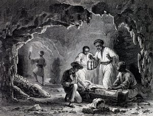Scoperte archeologiche nelle grotte di Samoun, incisione basata su disegno di Karl Girardet