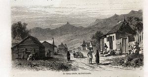 Il campo creolo, a Port Louis, disegno di Karl Girardet, per illustrare il soggiorno di Alfred Verney a Mauritius nel 1861. Incisione in "Le tour du monde", edito da Edouard Charton da Karl Girardet