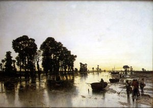 Un ampio paesaggio allagato con contadini da Karl Heffner