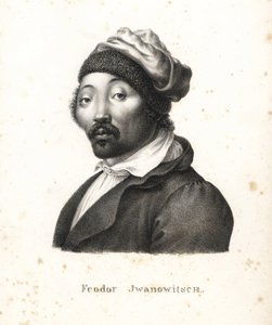 Feodor Jwanowitsch, nomade Kalmyk rapito dai russi che in seguito divenne pittore e incisore su rame. Litografia di Karl Joseph Brodtmann dal libro di Heinrich Rudolf Schinz Storia Naturale Illustrata degli Uomini e degli Animali da Karl Joseph Brodtmann