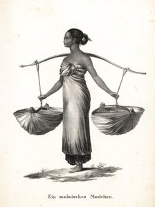 Ragazza malese con capelli legati che trasporta scarpe da ginnastica con un giogo. Litografia di Karl Joseph Brodtmann dal libro di storia naturale illustrata di Heinrich Rudolf Schinz
