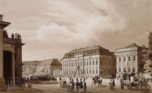 Unter den Linden, Berlino. Una vista dalla Neue Wache verso il Kronprinzenpalais con il Prinzessinenpalais a destra e la Kommandatur a sinistra da Karl Loeillot Hartwig