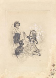 Due bambini che giocano in un prato con fiori e un bassotto da Karl Ludwig Prinz