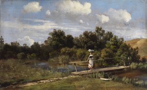 Paesaggio estivo con una lavandaia su un ponte