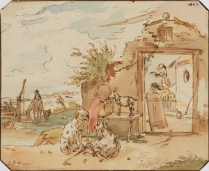Idillio rurale, casa colonica con capre, cane, cavallo al pozzo da Karl Pischinger