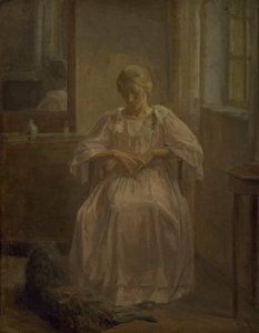 Una giovane ragazza, Sophie Lofthus, con un cane da Karl Schou