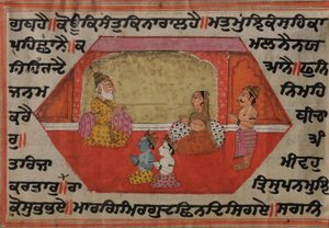 Krishna e Balrama seduti con Nanda e Yashodha