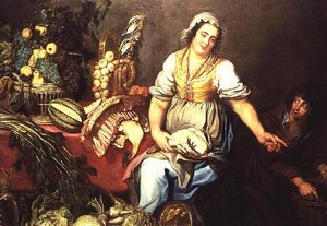 Natura morta in cucina con frutta, verdura e una ragazza che tiene un pollo da Kasper or Gaspar van den Hoecke