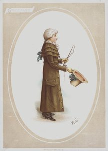 Ragazzo in lungo cappotto marrone, con parrucca, e che tiene cappello e frusta da caccia da Kate (after) Greenaway