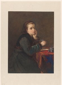 Ragazza seduta che scrive a un tavolo