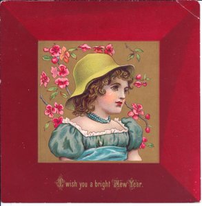 Cartolina di Natale vittoriana di una ragazza in abiti regency con un bouquet di fiori, c.1880