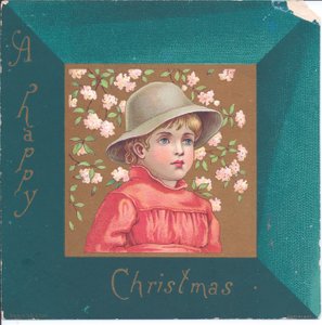 Cartolina di Capodanno vittoriana di una ragazza in abiti regency con una collana di perline blu, c.1880 da Kate Greenaway