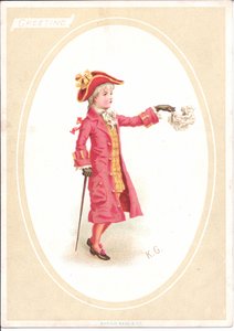 Cartolina vittoriana di auguri di bambini seduti a tavola mentre uno vestito da cuoco affila il coltello da intaglio, c.1880 da Kate Greenaway