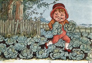 Uno gnomo ruba cavoli da un orto. Illustrazione di Kate Greenaway (1846-1901) dal libro di racconti e filastrocche per bambini "Under The Window" (1879), curato da Edmund Evans