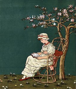 Una bambina che legge sotto un lillà. Illustrazione di Kate Greenaway (1846-1901) dal libro di racconti e filastrocche per bambini "Under The Window" (1879), a cura di Edmund Evans