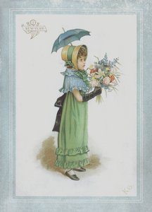 Ragazza in abito verde, con parasole e un mazzo di fiori da Kate Greenaway