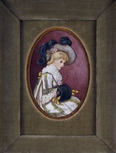 Ritratto ovale di una ragazza bionda con cappello piumato e mani nel manicotto da Kate Greenaway