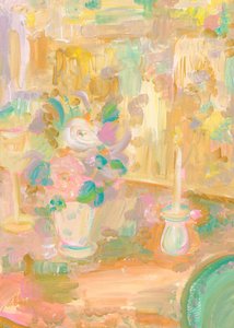 Dipinto impressionista raffigurante fiori e una candela